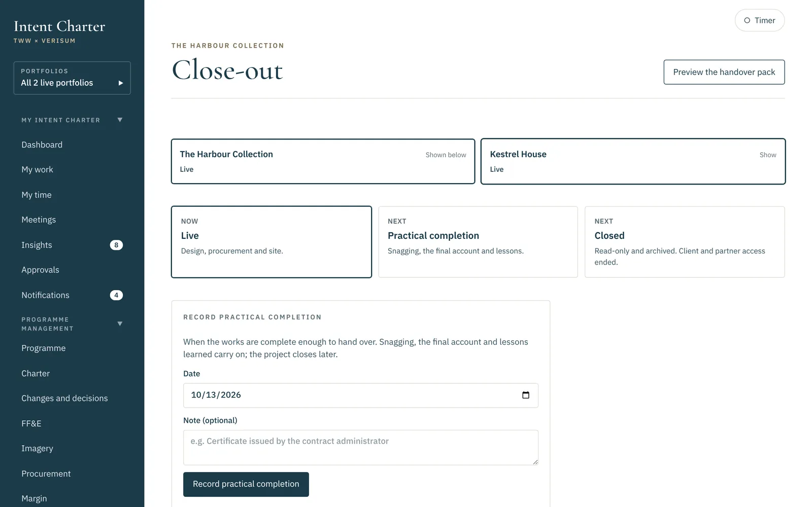 Close-out: what is still open, the final account at the client's prices, lessons learned and the handover pack.